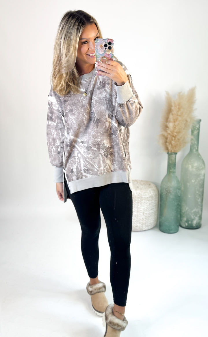 BIRDIE Double Front Slit Oversized Pullover in Light Camo