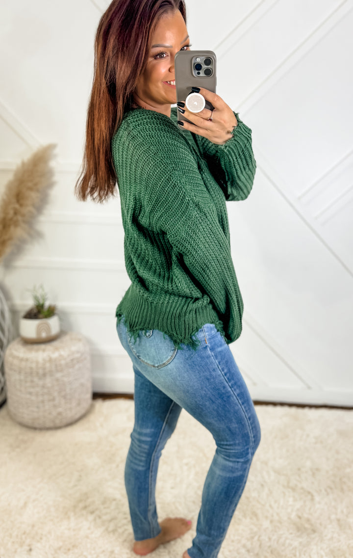 Ginnie Frayed V Neck Sweater Green