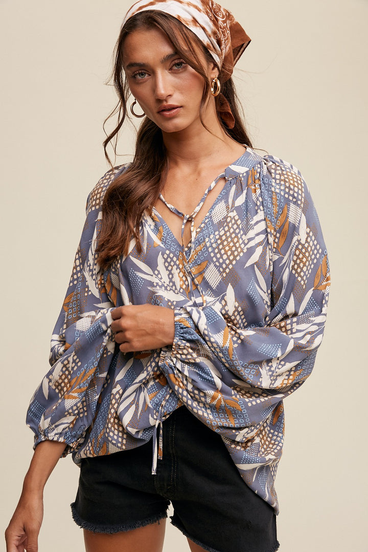 Desi Leaf Print Tie Long Sleeve Blouse