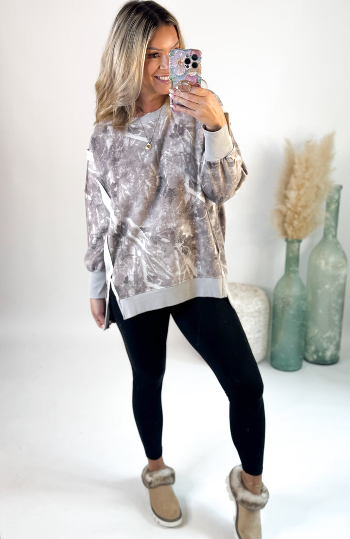 BIRDIE Double Front Slit Oversized Pullover in Light Camo