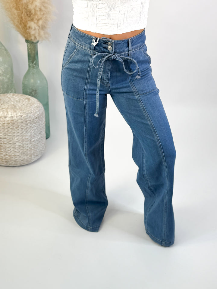 Vervet Lush Life - Super High Rise Tie Waistband Wide Leg Jeans