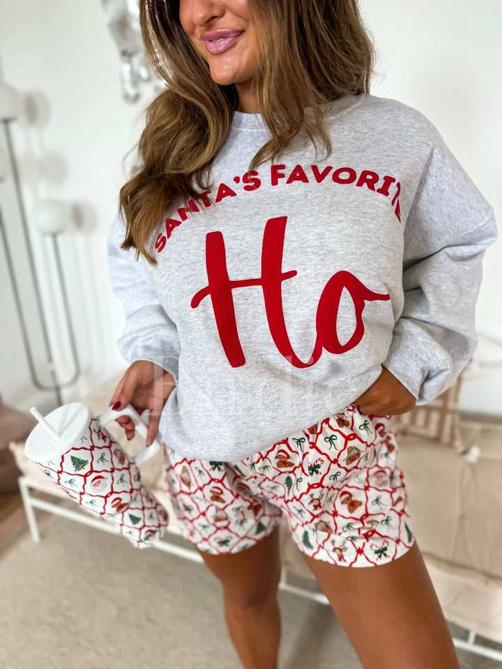Santa's Favorite Ho Ash Gray Puff Graphic Crew