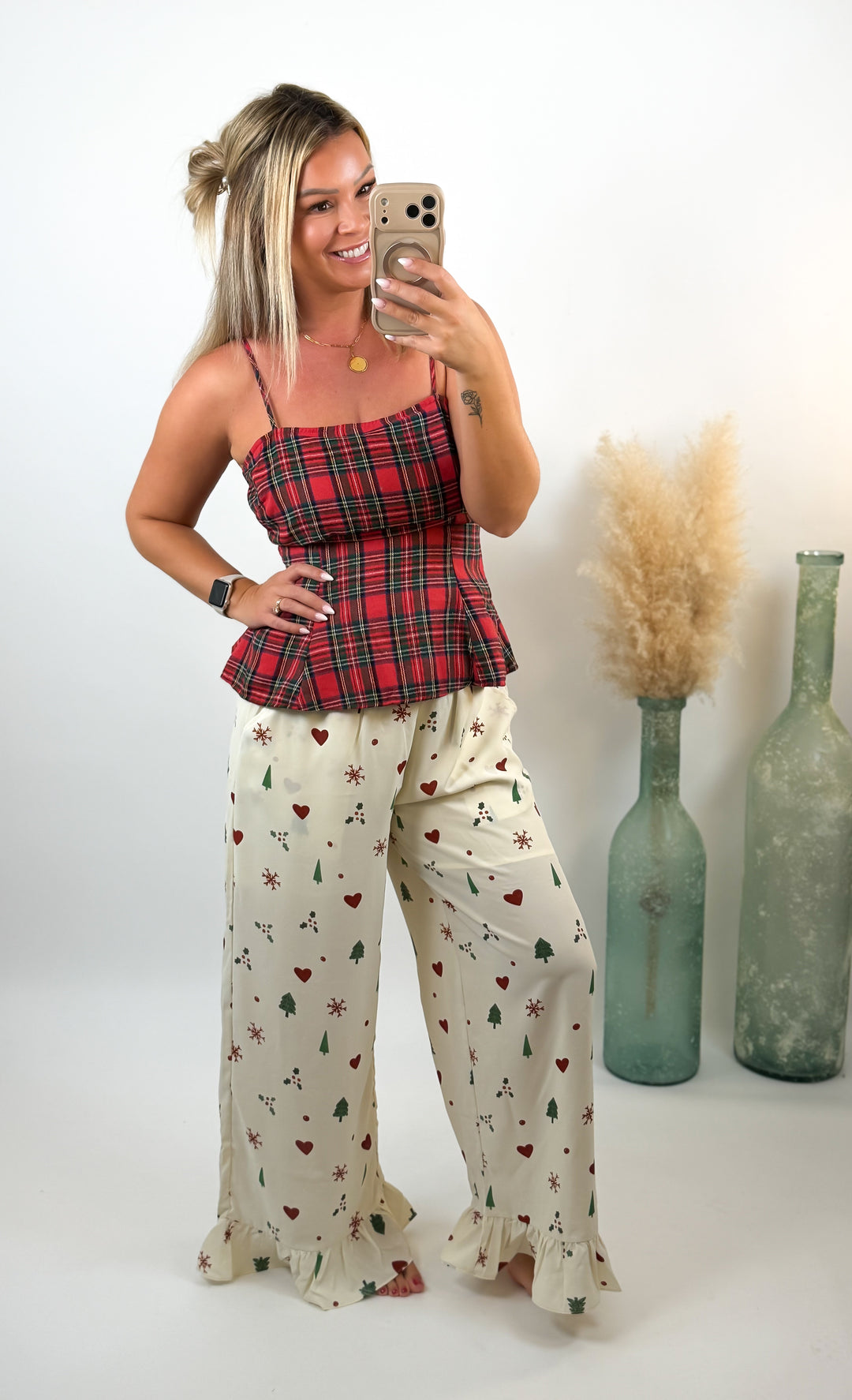 Sugarplum Christmas Ruffle Pants Cream Christmas Tree