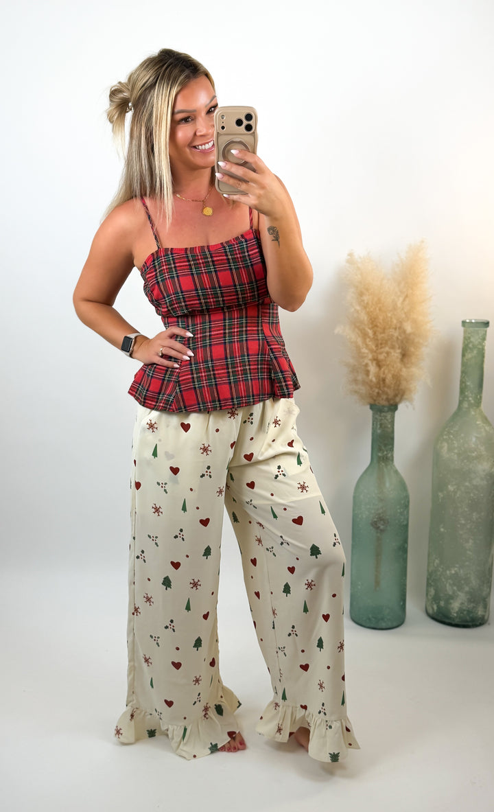 Sugarplum Christmas Ruffle Pants Cream Christmas Tree