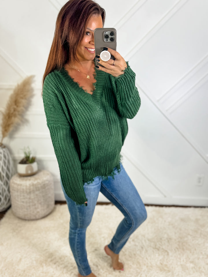 Ginnie Frayed V Neck Sweater Green