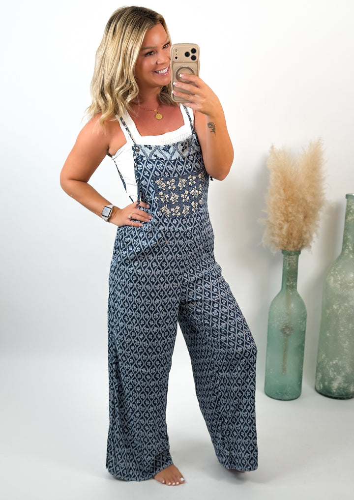 Blue Skies Ahead Printed Wide Leg Overalls