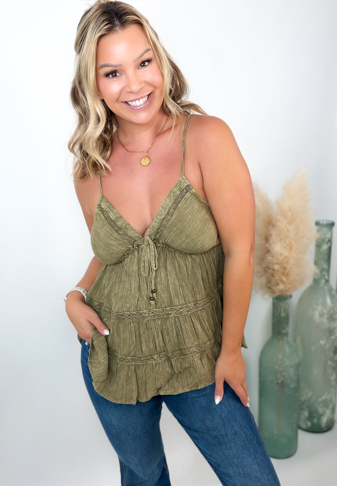 Olive You Forever Lace Trim Babydoll Tank