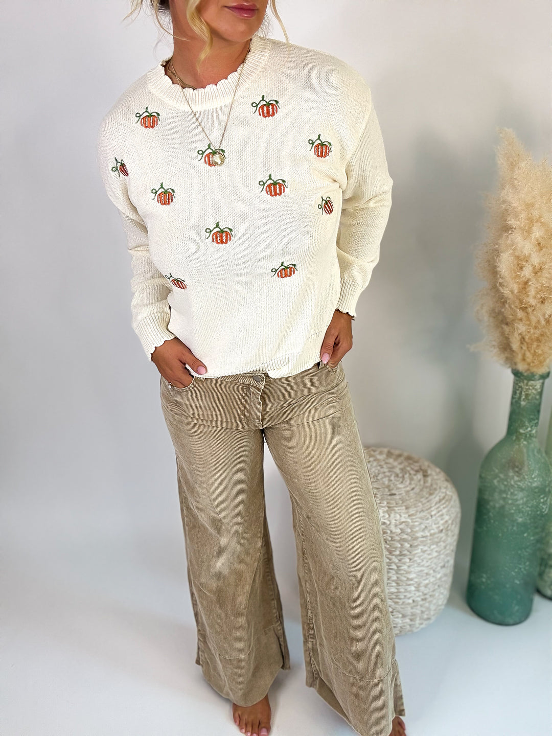 Pumpkin Embroidered Patch Sweater