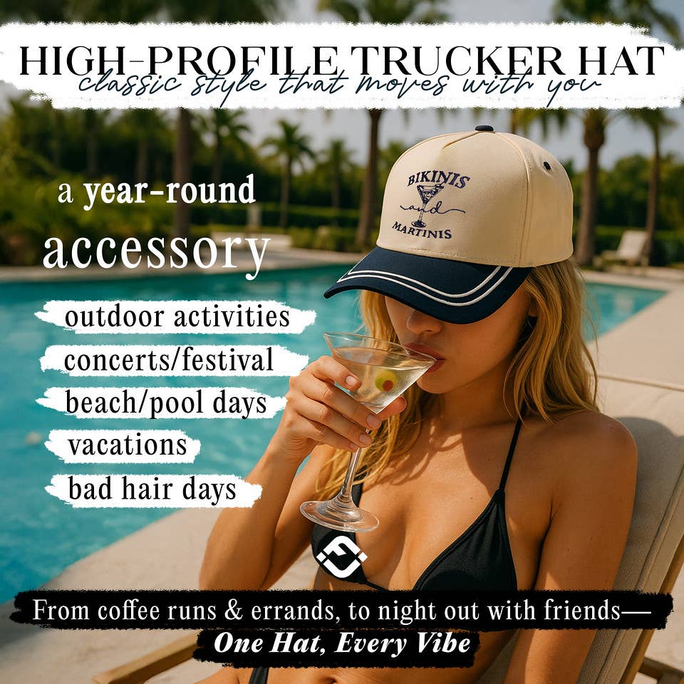 Embroidered Brim Trucker Hat - Bikinis and Martinis - Navy