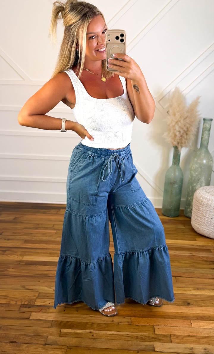 Free Spirit Tiered Chambray Palazzo Pants