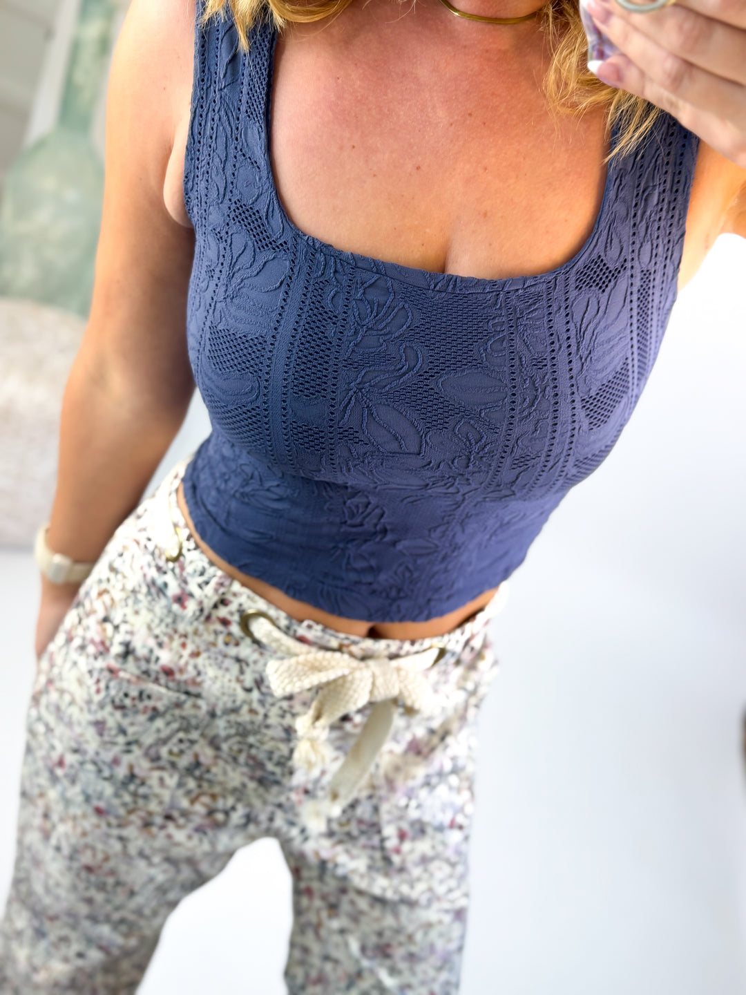 Grace Double Lace Square Crop Tank Blue