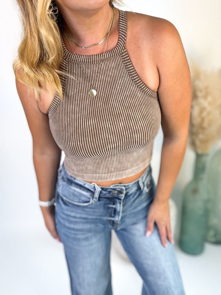 Mocha Ribbed Halter Crop