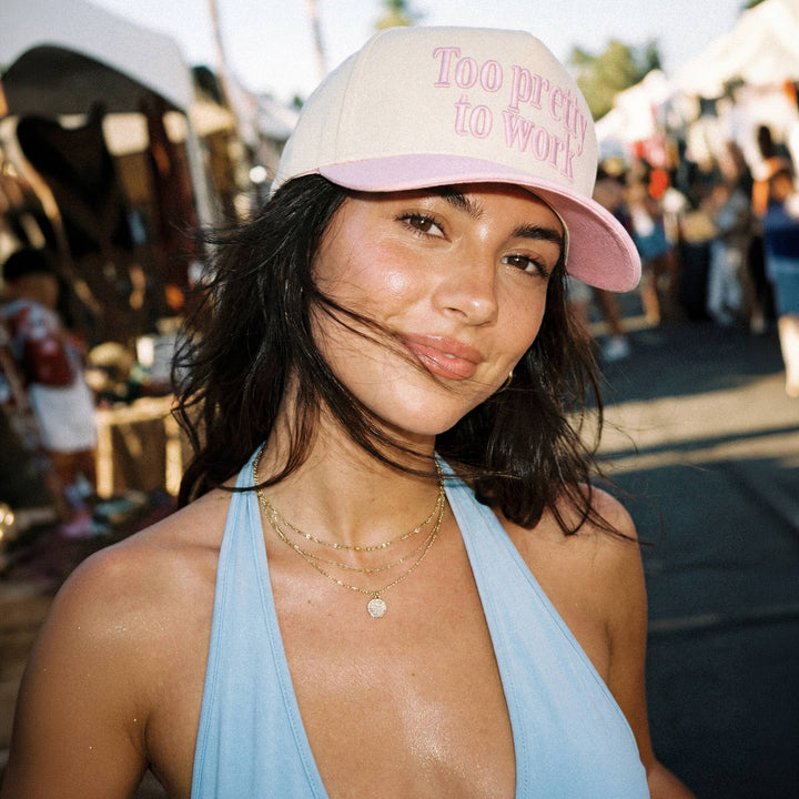 C.C TOO PRETTY TO WORK Letter on Two Tone Trucker Hat