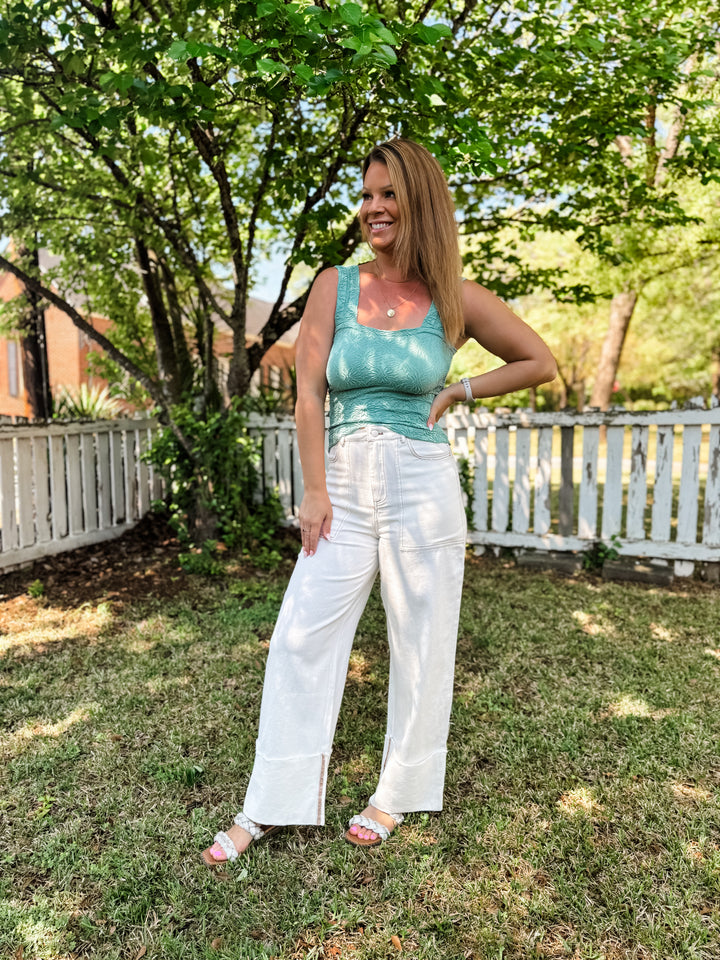 White Folded Wide Leg Denim Pants