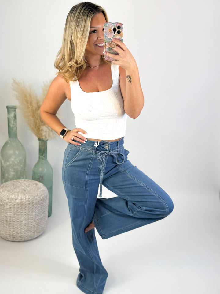 Vervet Lush Life - Super High Rise Tie Waistband Wide Leg Jeans