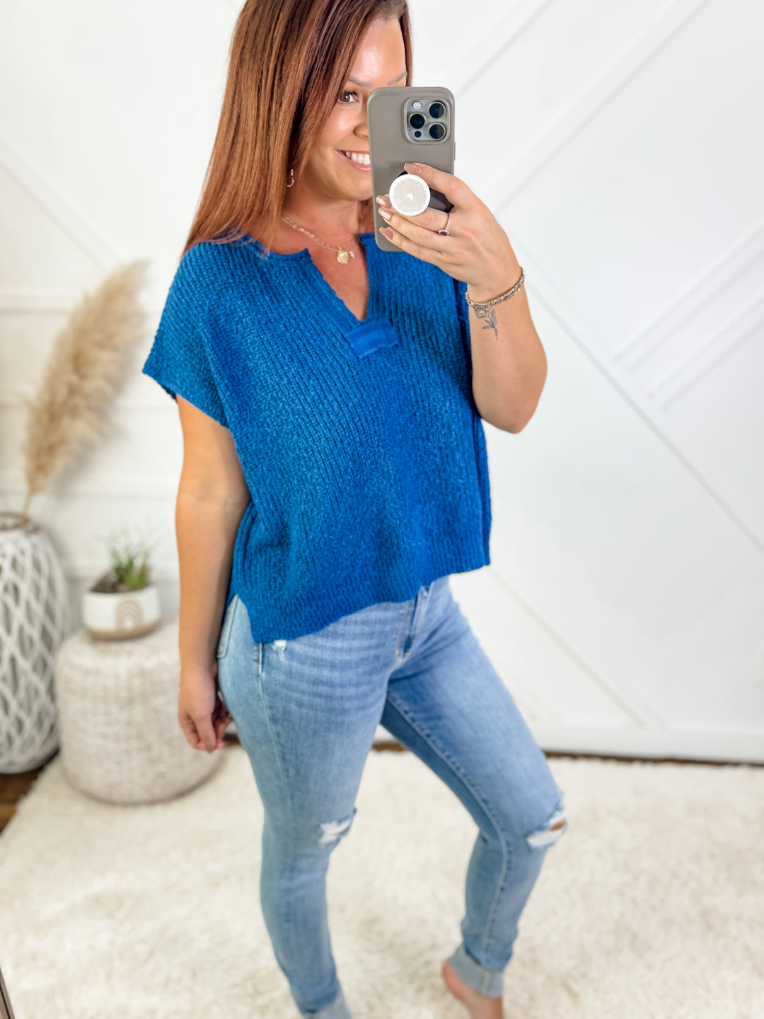 Phoebe Split Neck Side Slit Knit Top