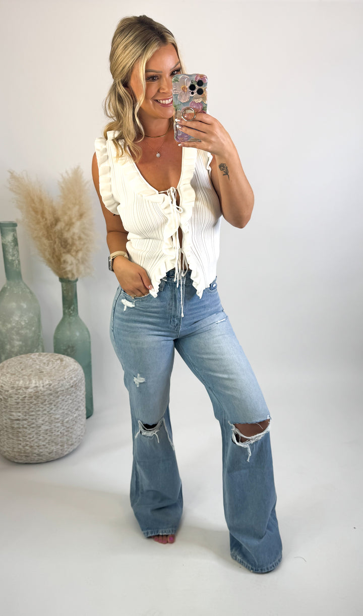 Sweet Whisper Ruffle Tie Top