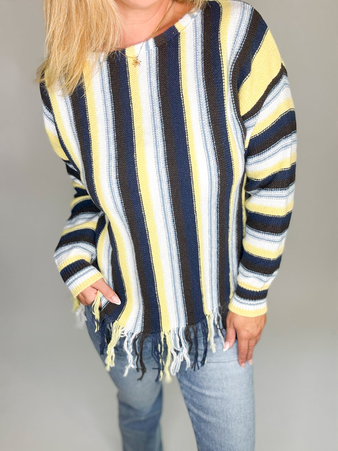 Sadie Multi Color Stripe Top With Fringe