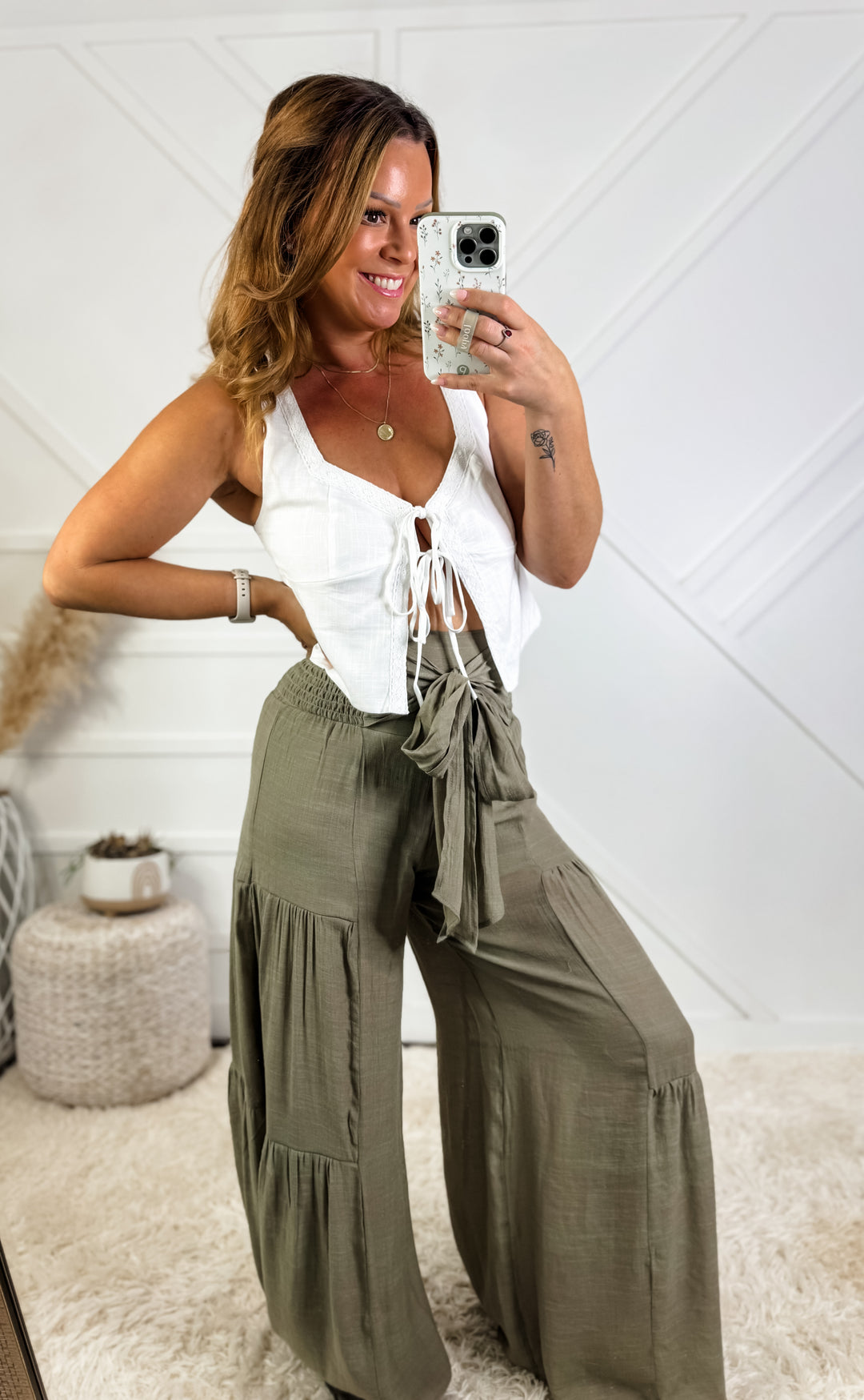 Sweetheart Neck Front Tie Linen Top
