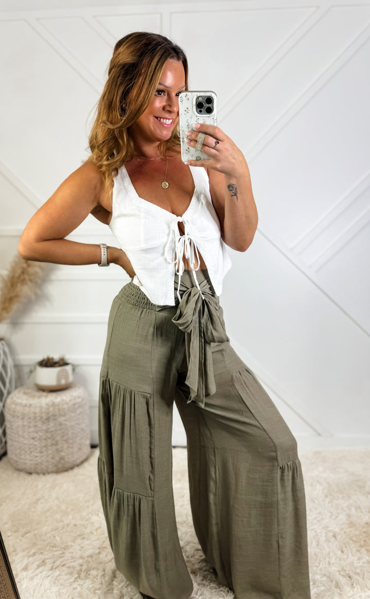 Sweetheart Neck Front Tie Linen Top