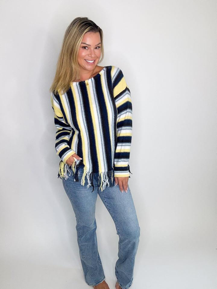 Sadie Multi Color Stripe Top With Fringe