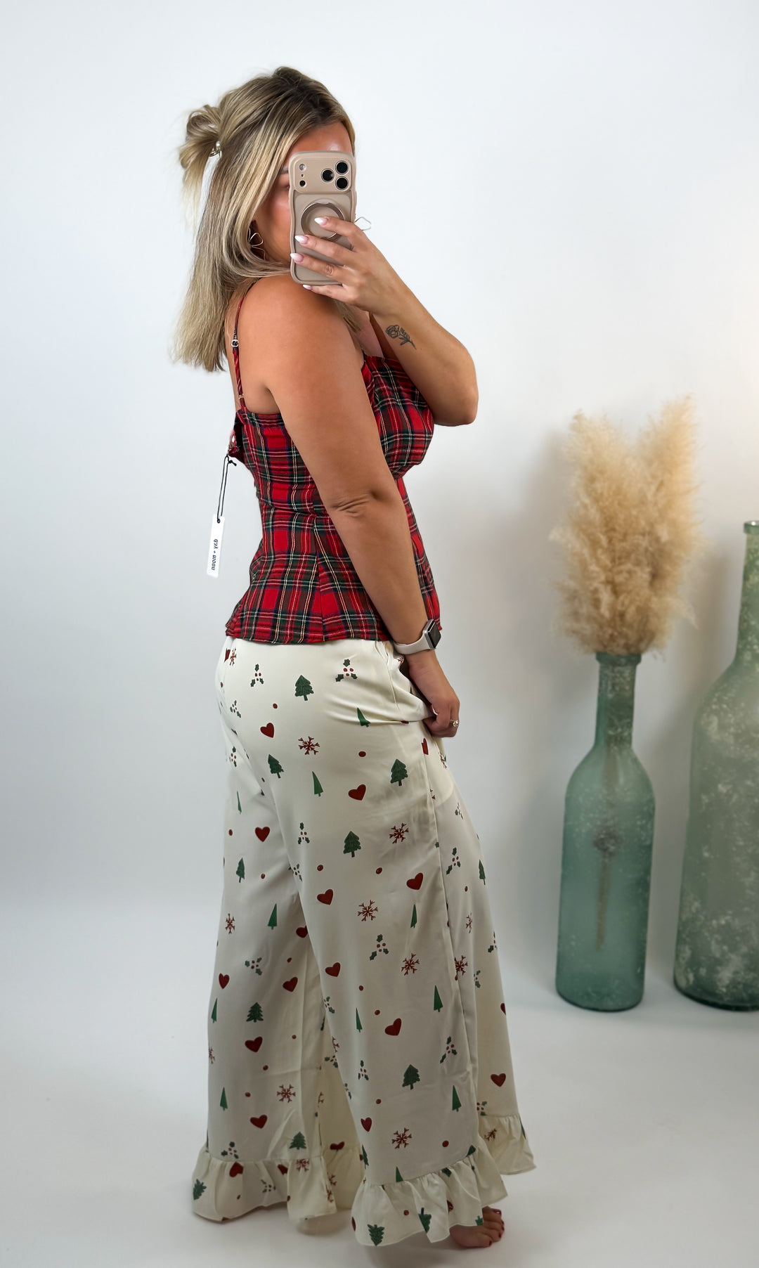 Sugarplum Christmas Ruffle Pants Cream Christmas Tree