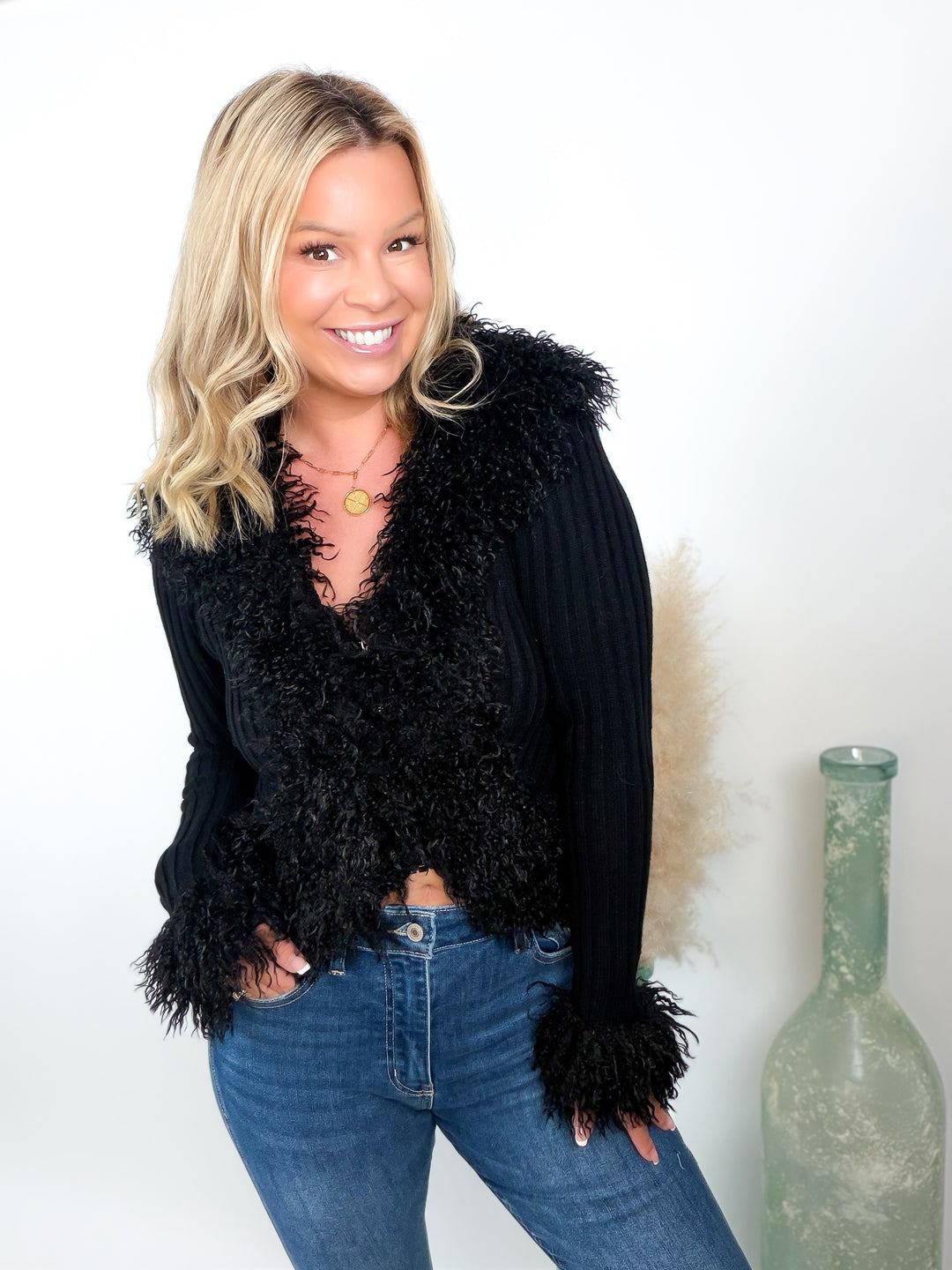 All Eyes On Me Black Faux Fur Trim Cardigan