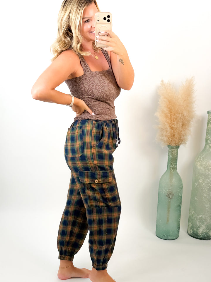 Autumn Trails Plaid Cargo Joggers