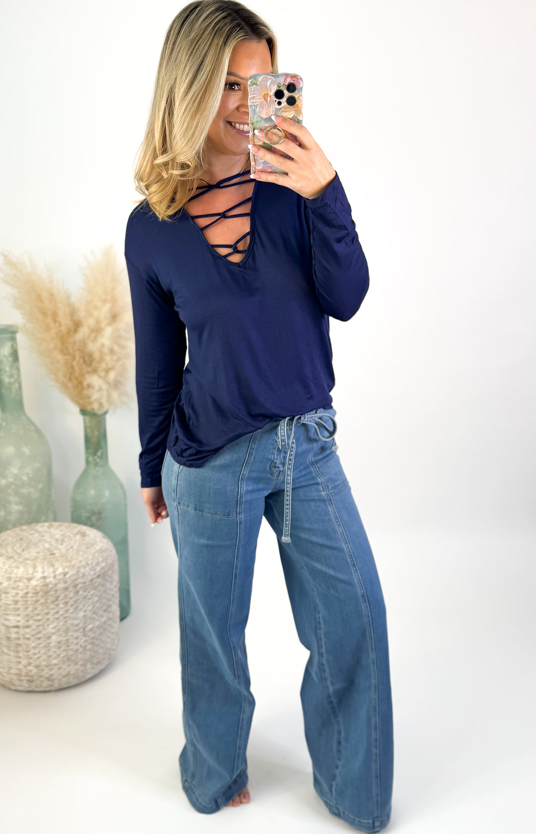 Deep in Love Lattice Top Navy