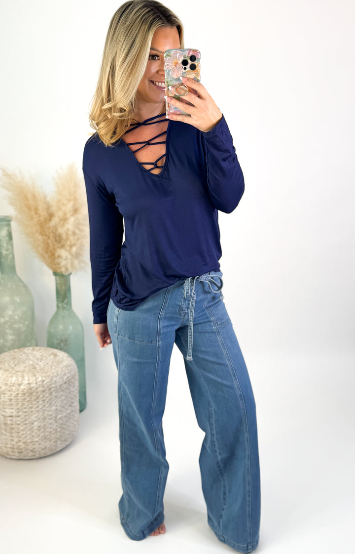 Deep in Love Lattice Top Navy