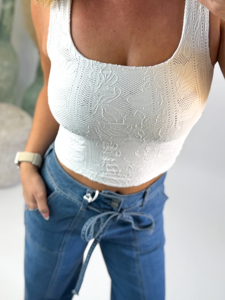 Grace Double Lace Square Crop Tank White