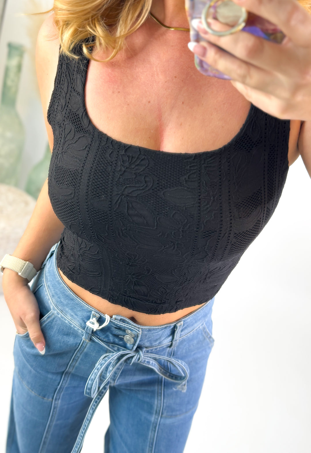 Grace Double Lace Square Crop Tank Black