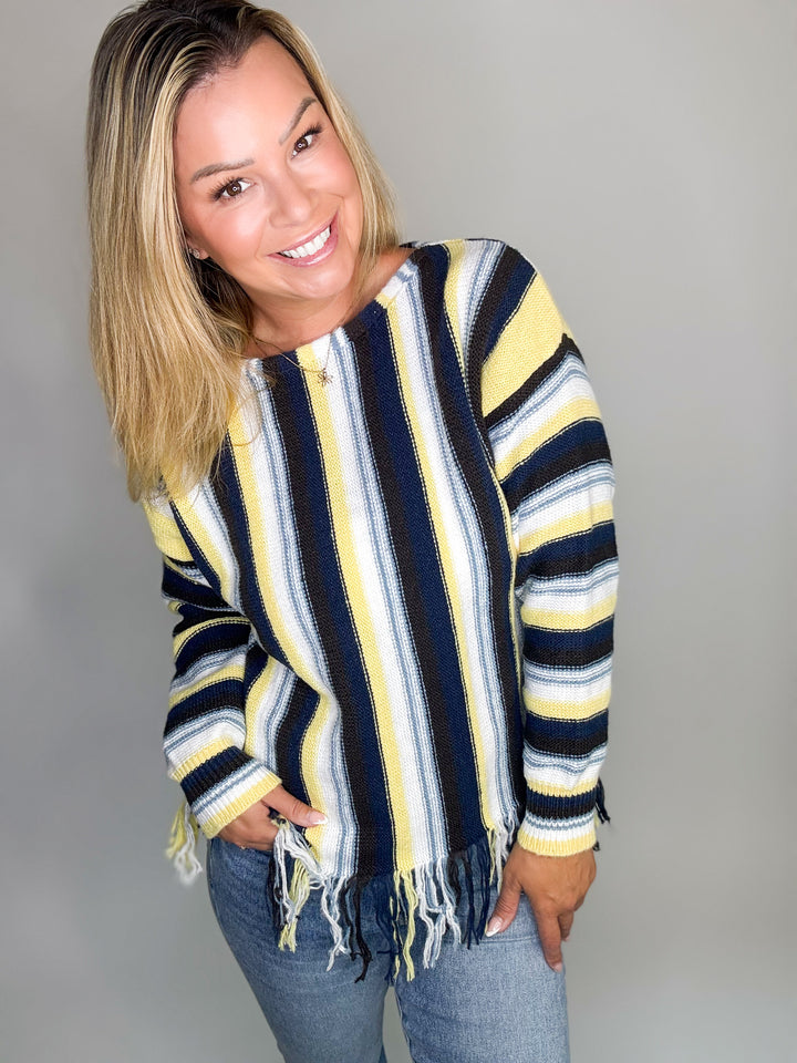 Sadie Multi Color Stripe Top With Fringe