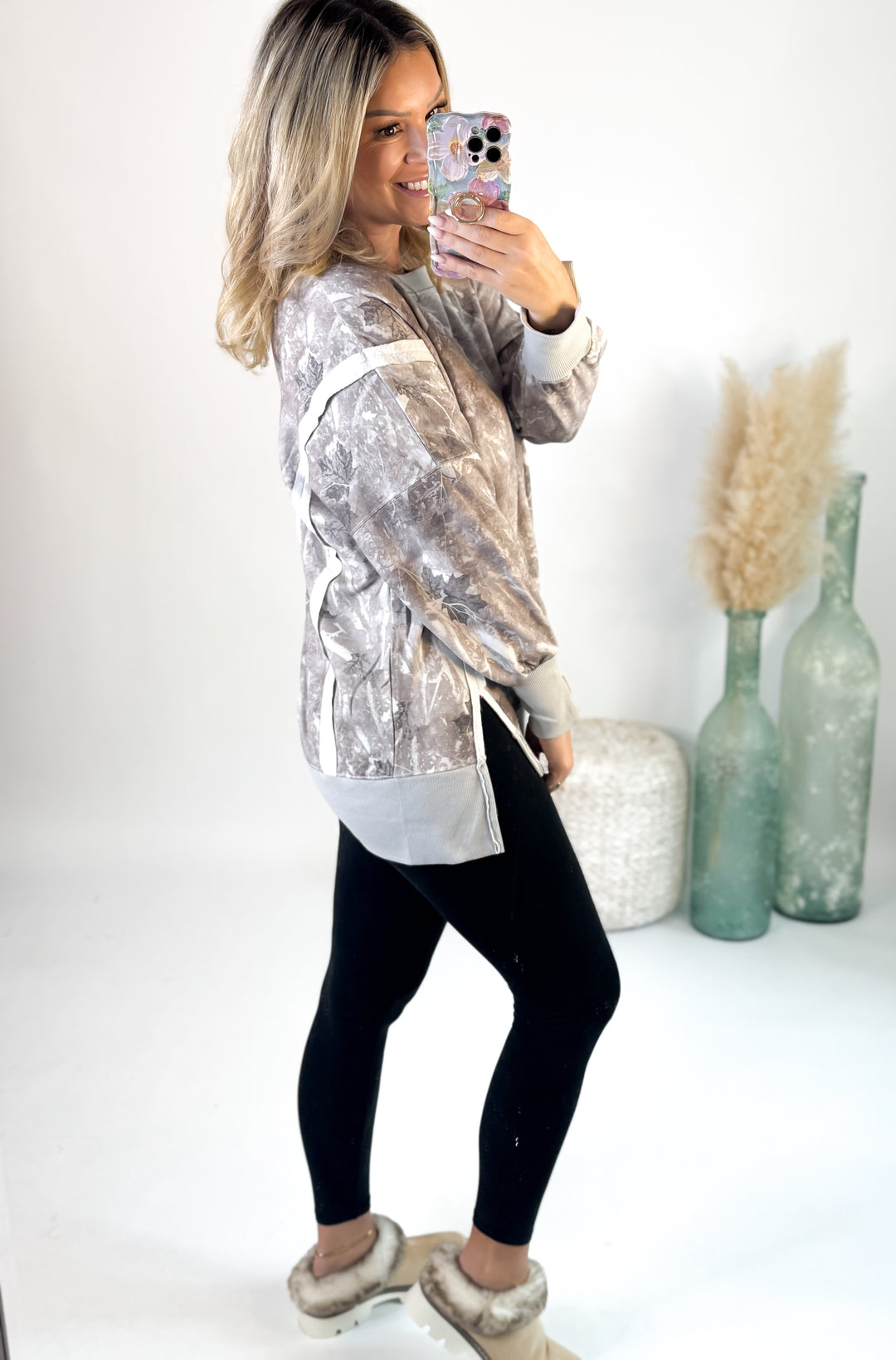 BIRDIE Double Front Slit Oversized Pullover in Light Camo