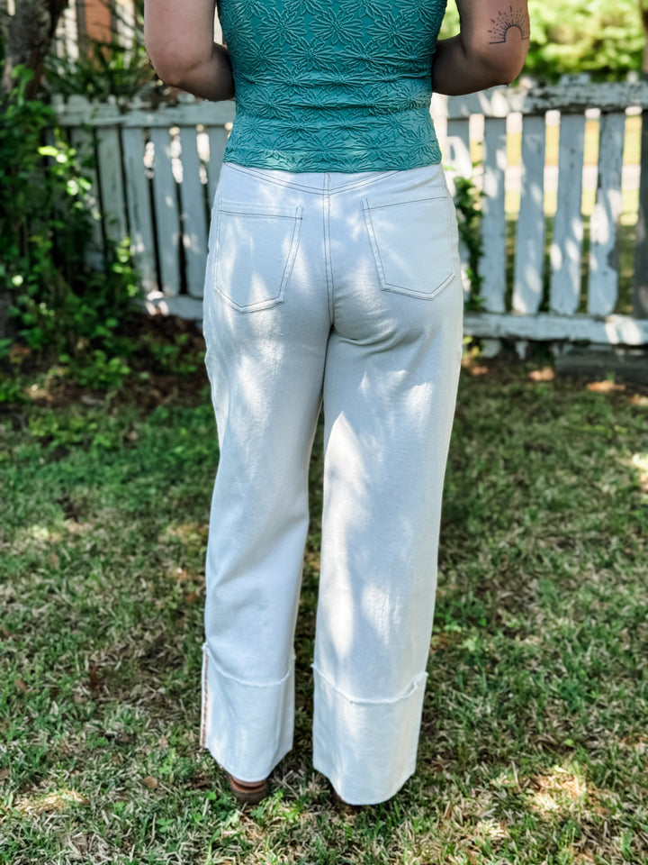 White Folded Wide Leg Denim Pants
