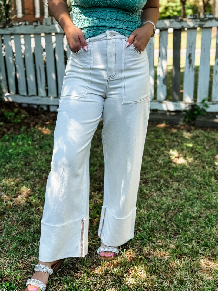 White Folded Wide Leg Denim Pants