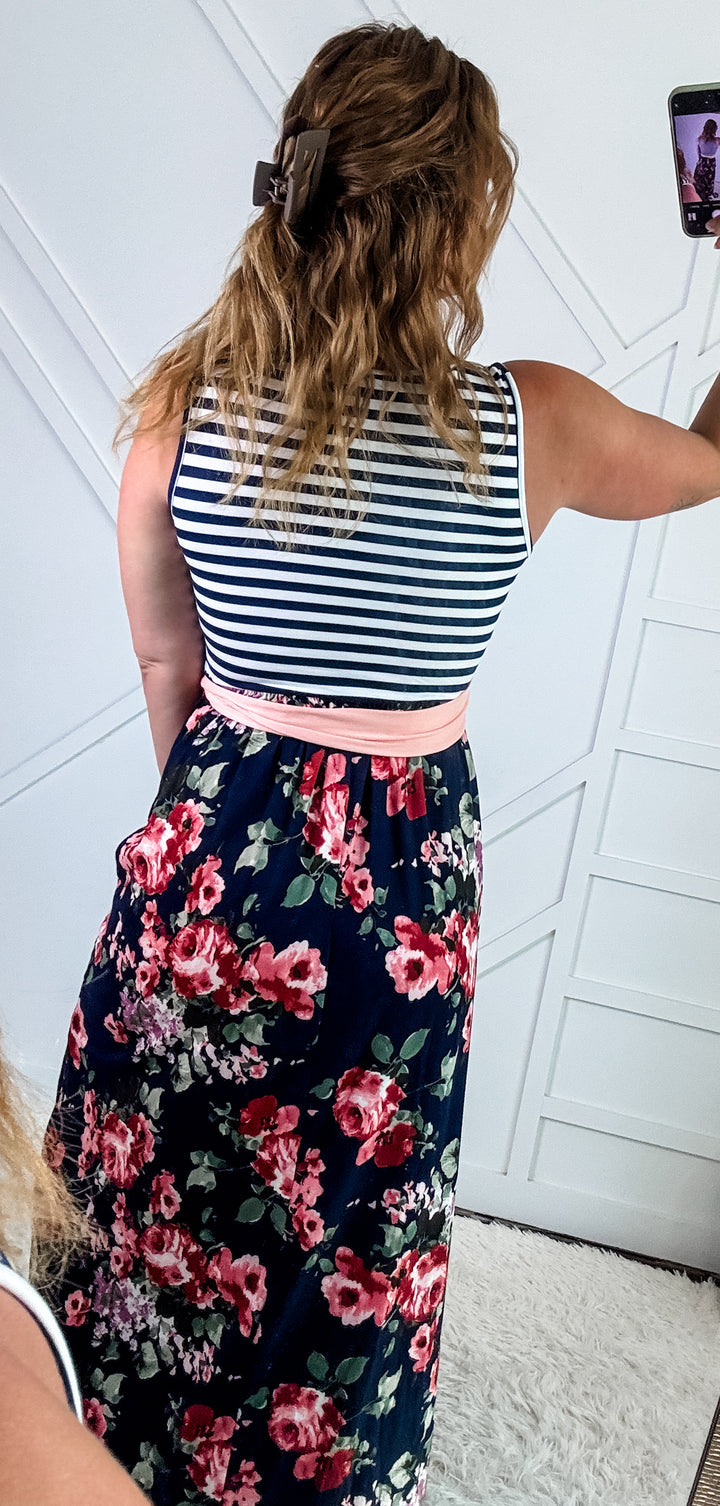 Bloom & Stripe Maxi Dress