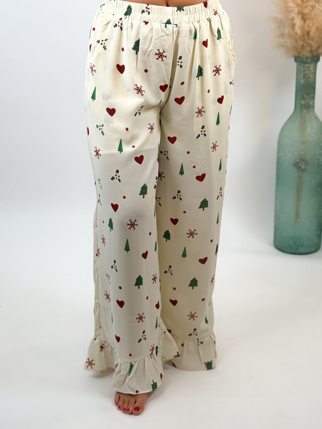 Sugarplum Christmas Ruffle Pants Cream Christmas Tree