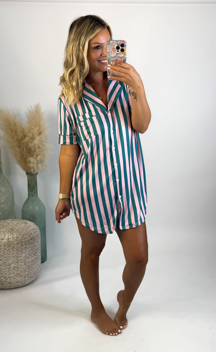 Tee Sleep Dress in Green and Pink Stripes
