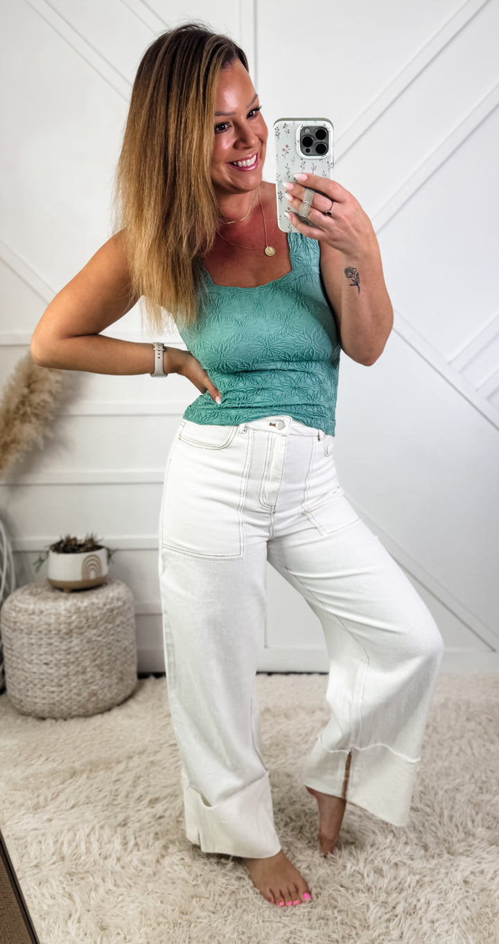 White Folded Wide Leg Denim Pants