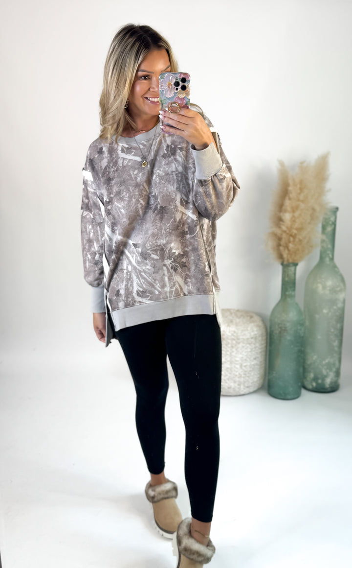 BIRDIE Double Front Slit Oversized Pullover in Light Camo