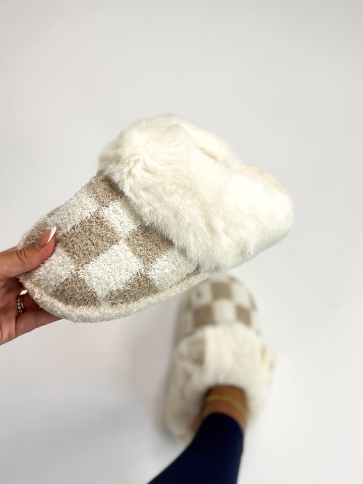 Checkered Pattern Faux Fur Luxury Soft Mule Slippers
