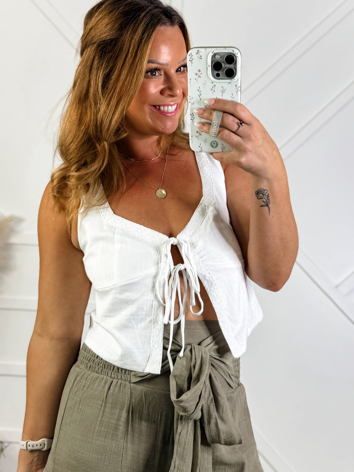 Sweetheart Neck Front Tie Linen Top