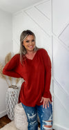 Ansley Brushed Thermal Waffle V Neck Sweater Top