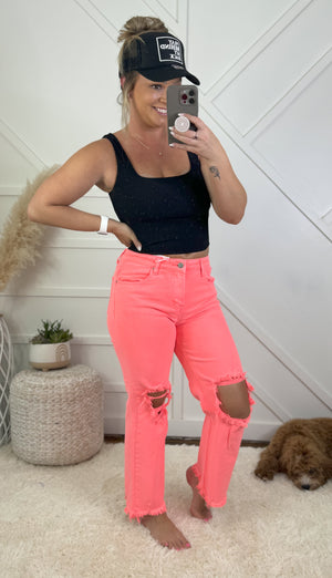 Risen Bright Coral Distressed Jeans