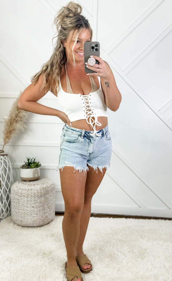 Risen High Rise Rhinestone Embellished Denim Shorts