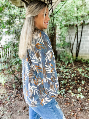 Desi Leaf Print Tie Long Sleeve Blouse