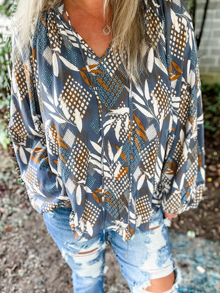 Desi Leaf Print Tie Long Sleeve Blouse