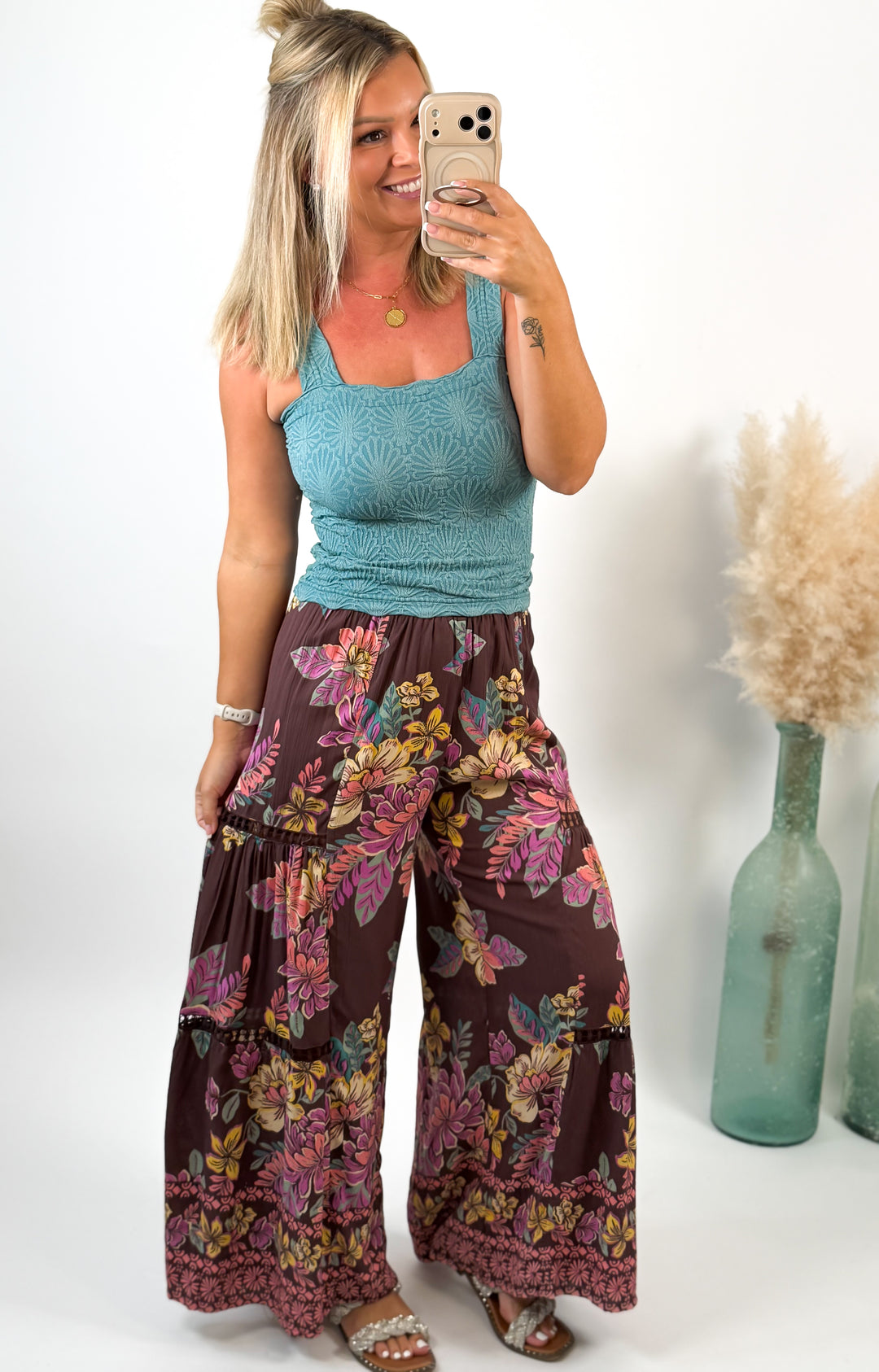 Black Cherry Blossom Palazzo Wide Leg Pant