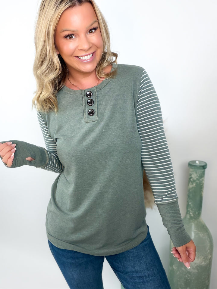 Everyday Favorite Striped Sleeve Henley Top Sage Green